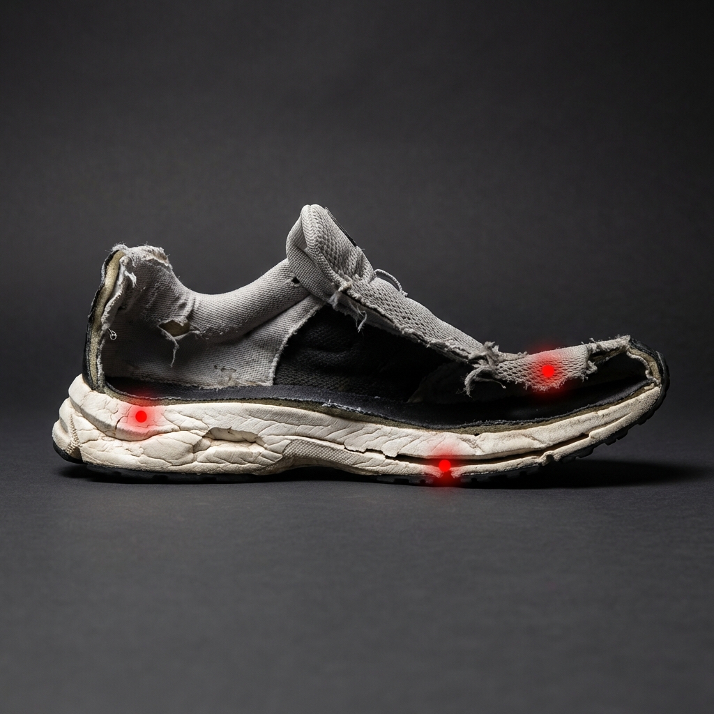 便宜運動鞋剖面：塌陷的中底、破損的網布、脫膠的鞋底